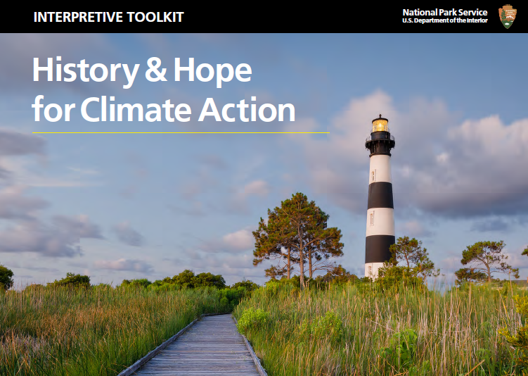 The cover of History and Hope for Climate Action: an Interpretive toolkit, with the NPS logo and an image of a lighthouse