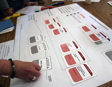 A hand arranges small colored papers on large sheet of paper, looking almost like a flowchart