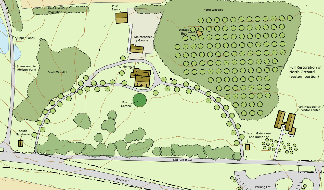 An existing conditions map shows a semi-circular drive lined with black locust trees.