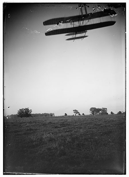 Rear view of flight 46, Orville flying at a high altitude over Huffman Prairie