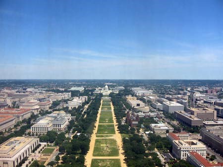 Aerial view of the National Mall toward the Capitol, showing areas where turf has been damaged.