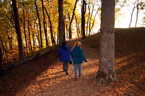 Two young hikers on a leaf-covered hillside trail with autumn trees