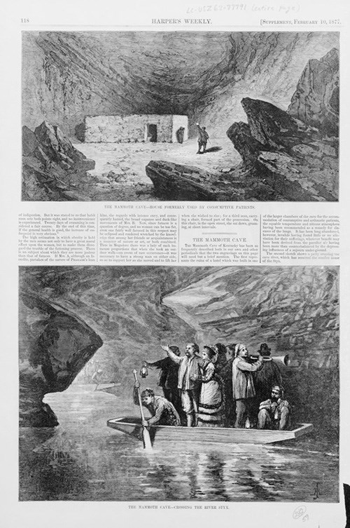 Page from 1877 Harper's Weekly with drawings and text showing tuberculosis patients in Mammoth Cave