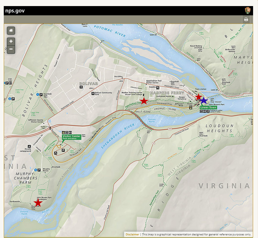 Park map with stars indicating the former and current locations of John Brown's Fort.