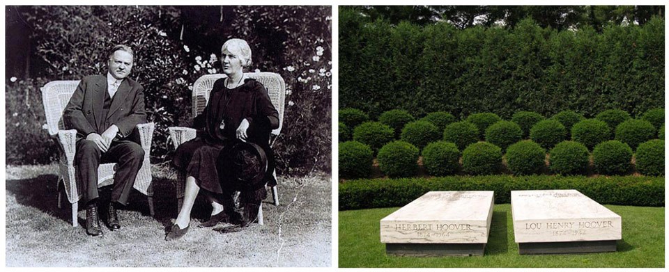 Photo of the Hoovers in lawn chairs beside a photo of their graves.