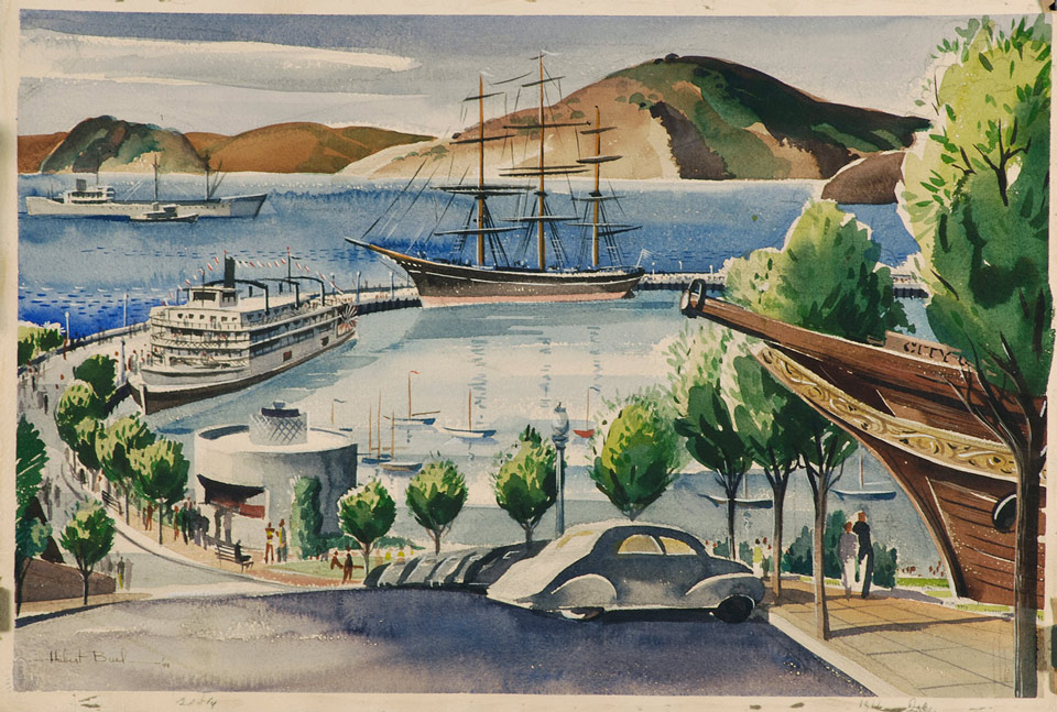 Painting of Aquatic Park, with trees, ships in the cove, and cars.