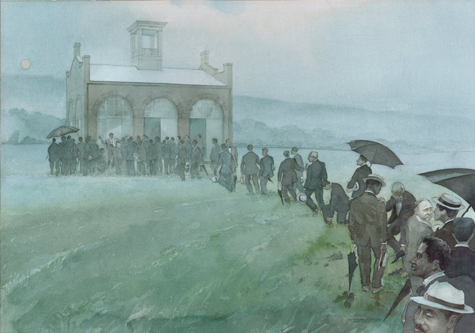 Painting showing a line of meeting delegates, with suits and umbrellas, crossing a field to gather in front of a small building.