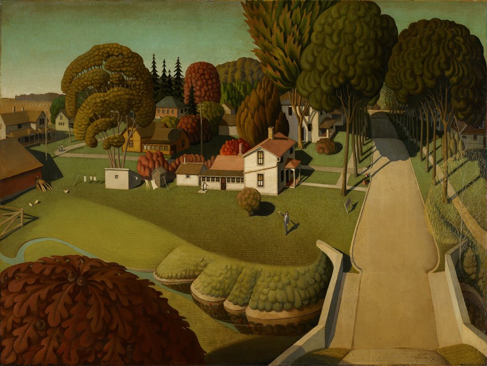 Boldly-colored painting of buildings and trees on a farm-like landscape.