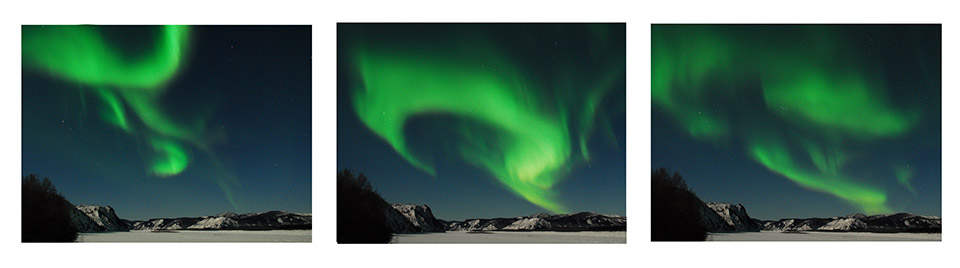 Three photos show swirling green lights in a night sky.