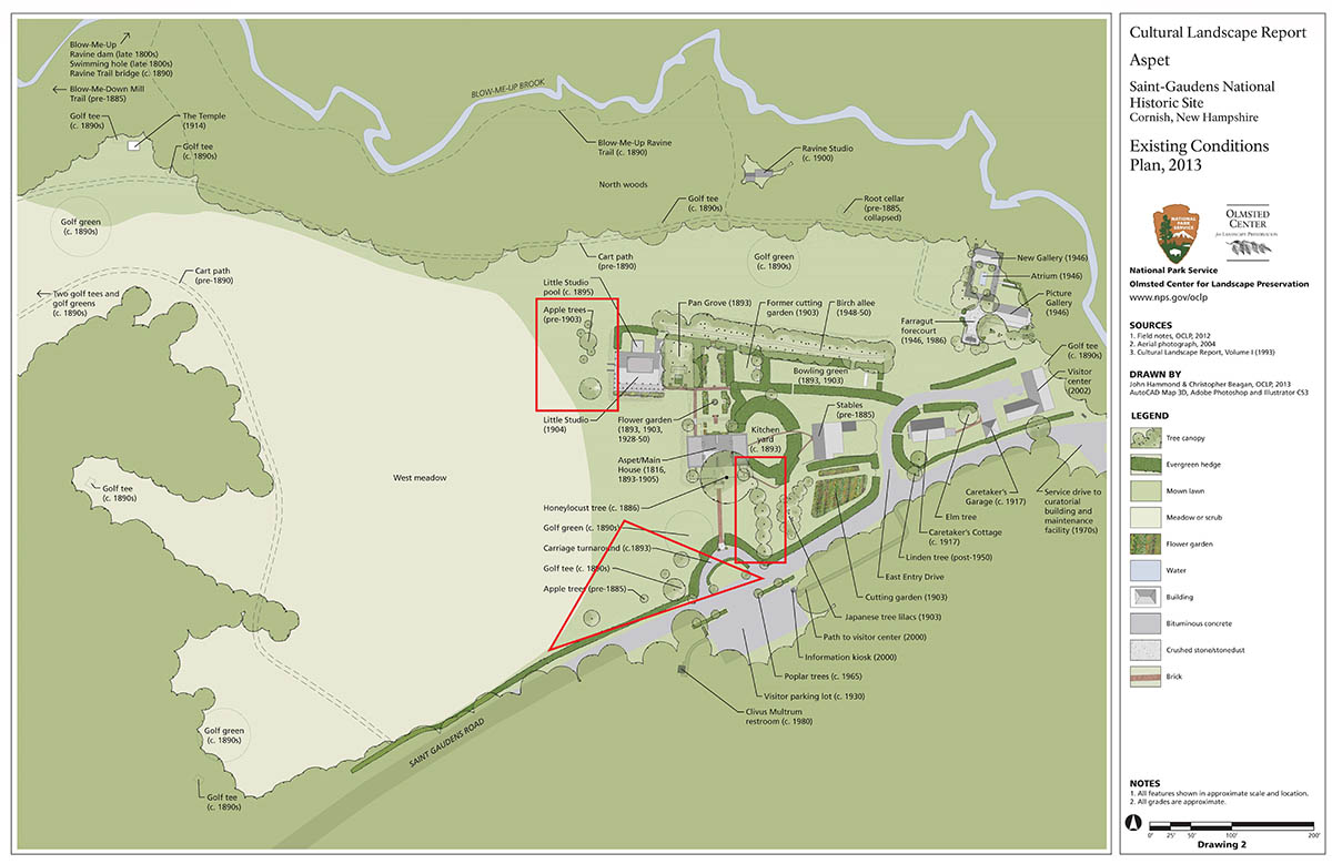 A 2013 site plan shows the Aspet landscape. Three areas where apple trees grow are outlined in red.