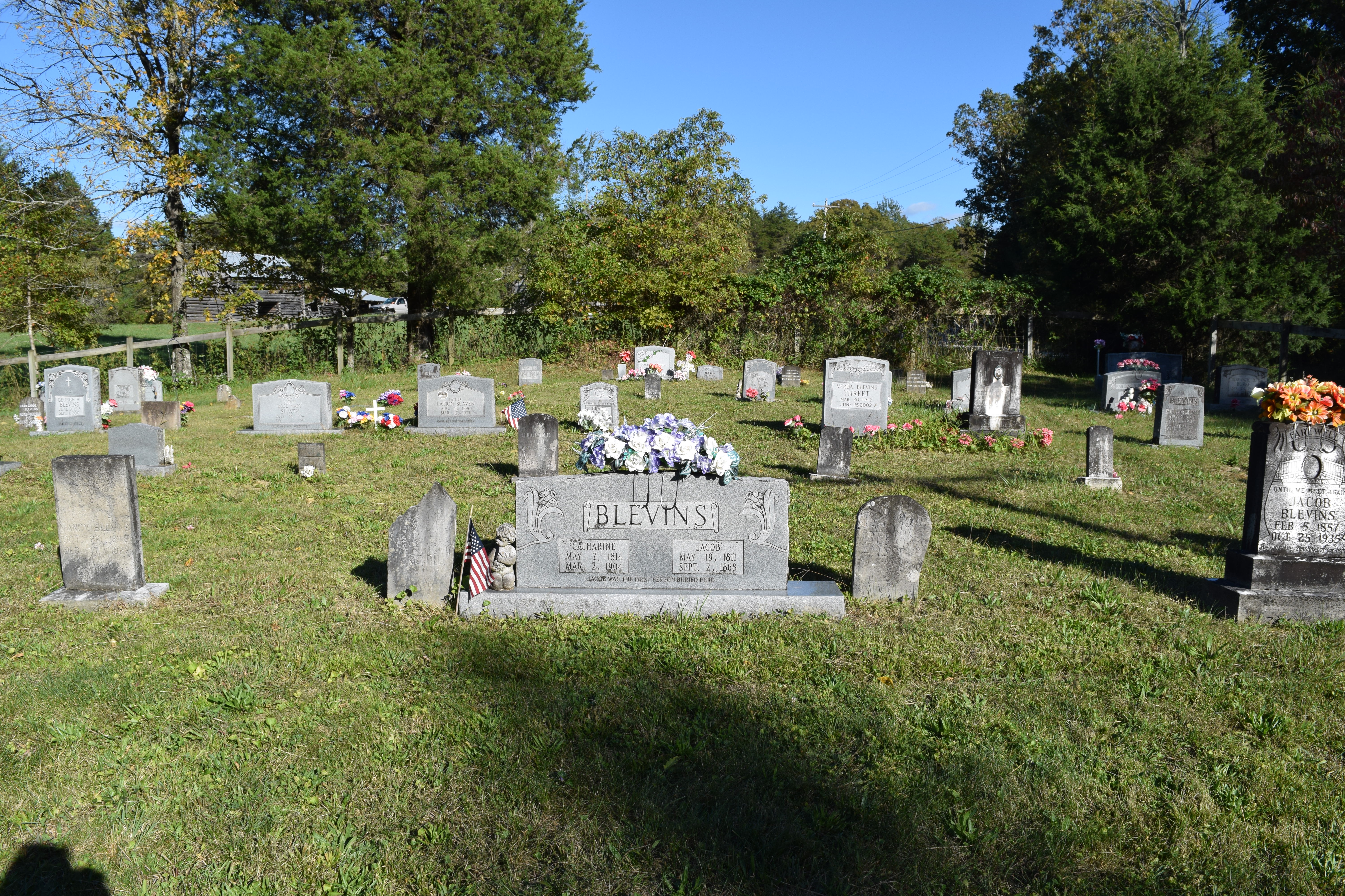 Headstones in a small family cemetery, with one saying "Blevins"