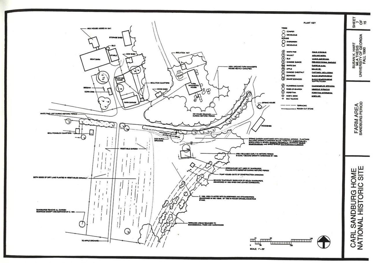 A labeled historic base map identifies features in the farm area during the Sandburg Period.