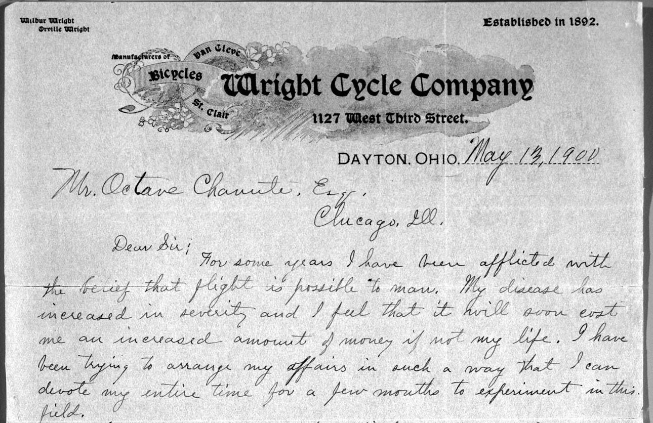 Section of a letter from Wilbur Wright to Octave Chanute on Wright Cycle Company letterhead, May 13, 1900