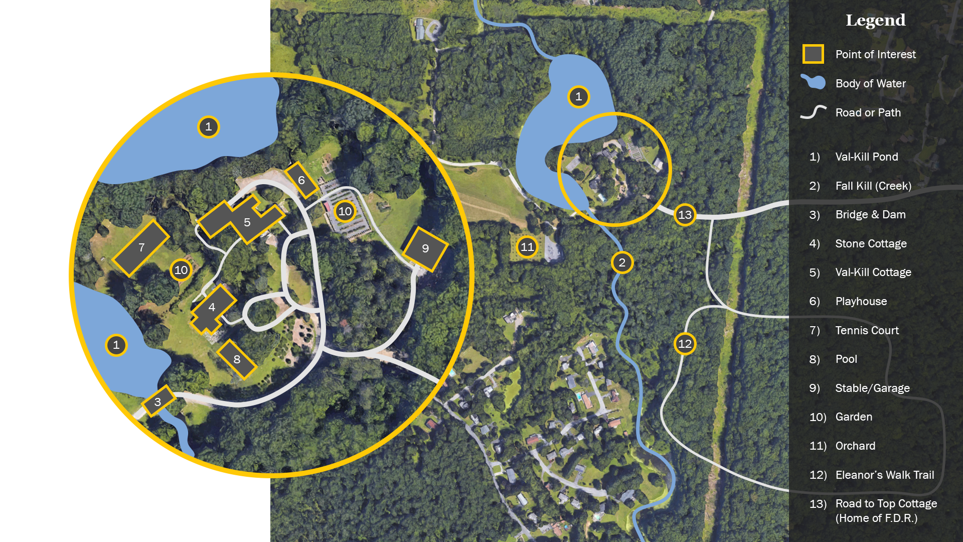 Significant structures and features are outlined on a labeled site map of Eleanor Roosevelt National Historic Site