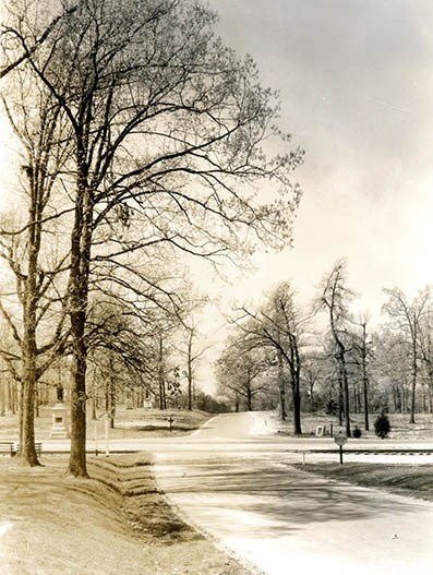 Old Battleground and New Garden Road 1937, a straight flat road framed by leafless trees