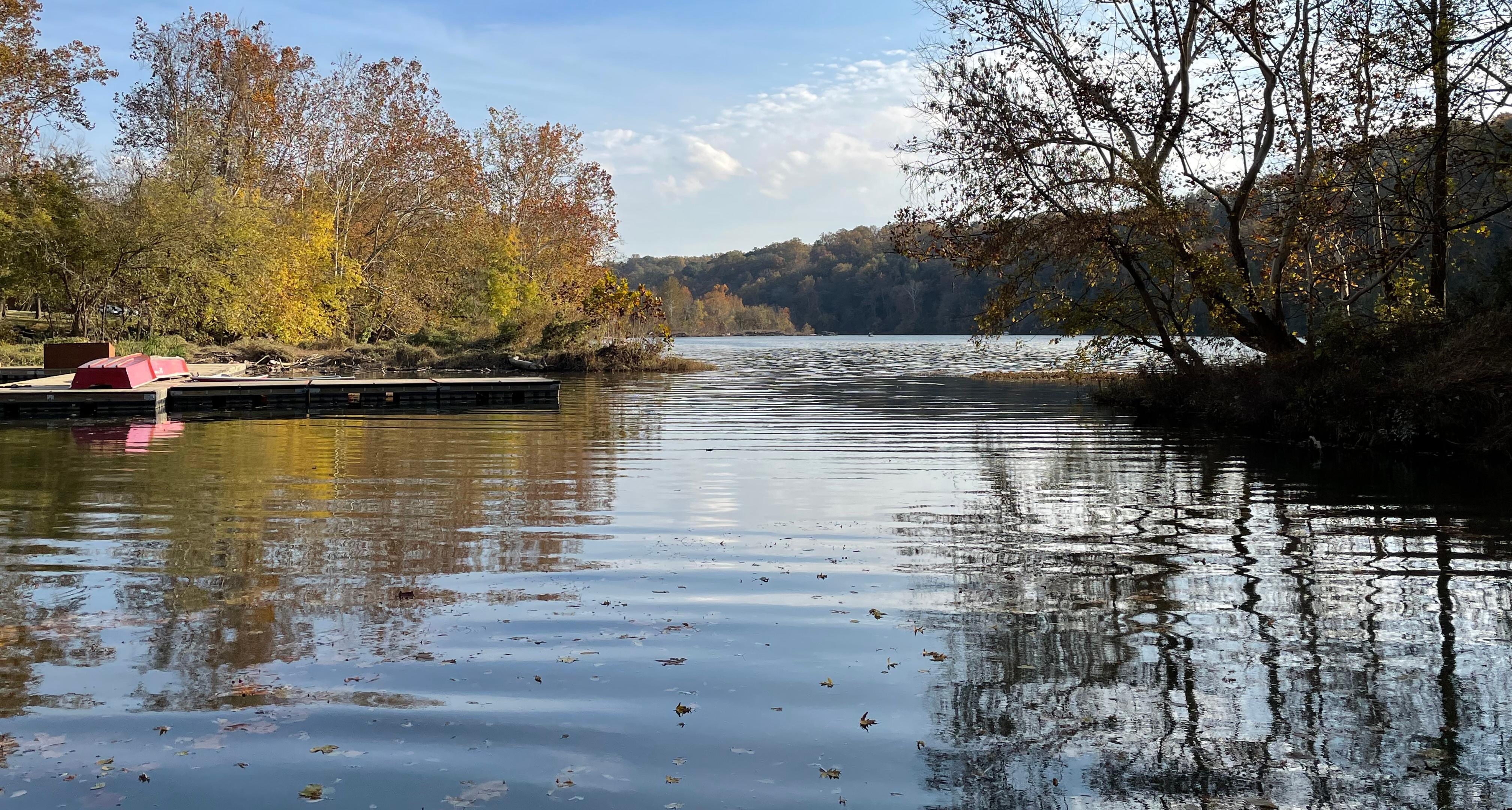 Color photo of Fletcher’s Cove looking out to the Potomac River with a boat dock on the left and the tree line on the Virginia shore in the background