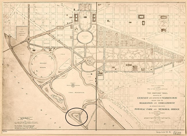The future site of the George Mason Memorial is marked by a black circle on the bottom of a sepia-toned map, located at the southern edge of the Tidal Basin. The map is a 1792 L’Enfant Plan of Washington showing plans for improvements to the National Mall