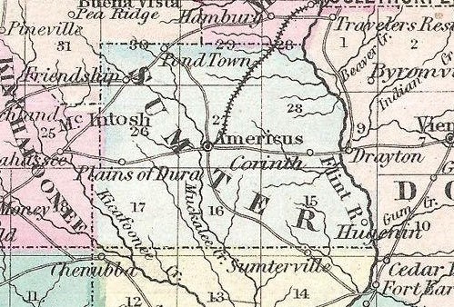 Annotated map section shows roads, railways, and towns and villages in Sumter County, Georgia.