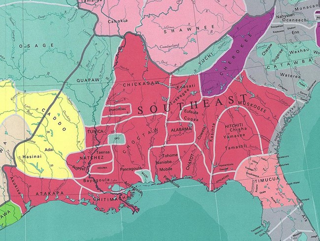 Annotated USGS map of what is now the southeastern U.S. shows territories of tribes.