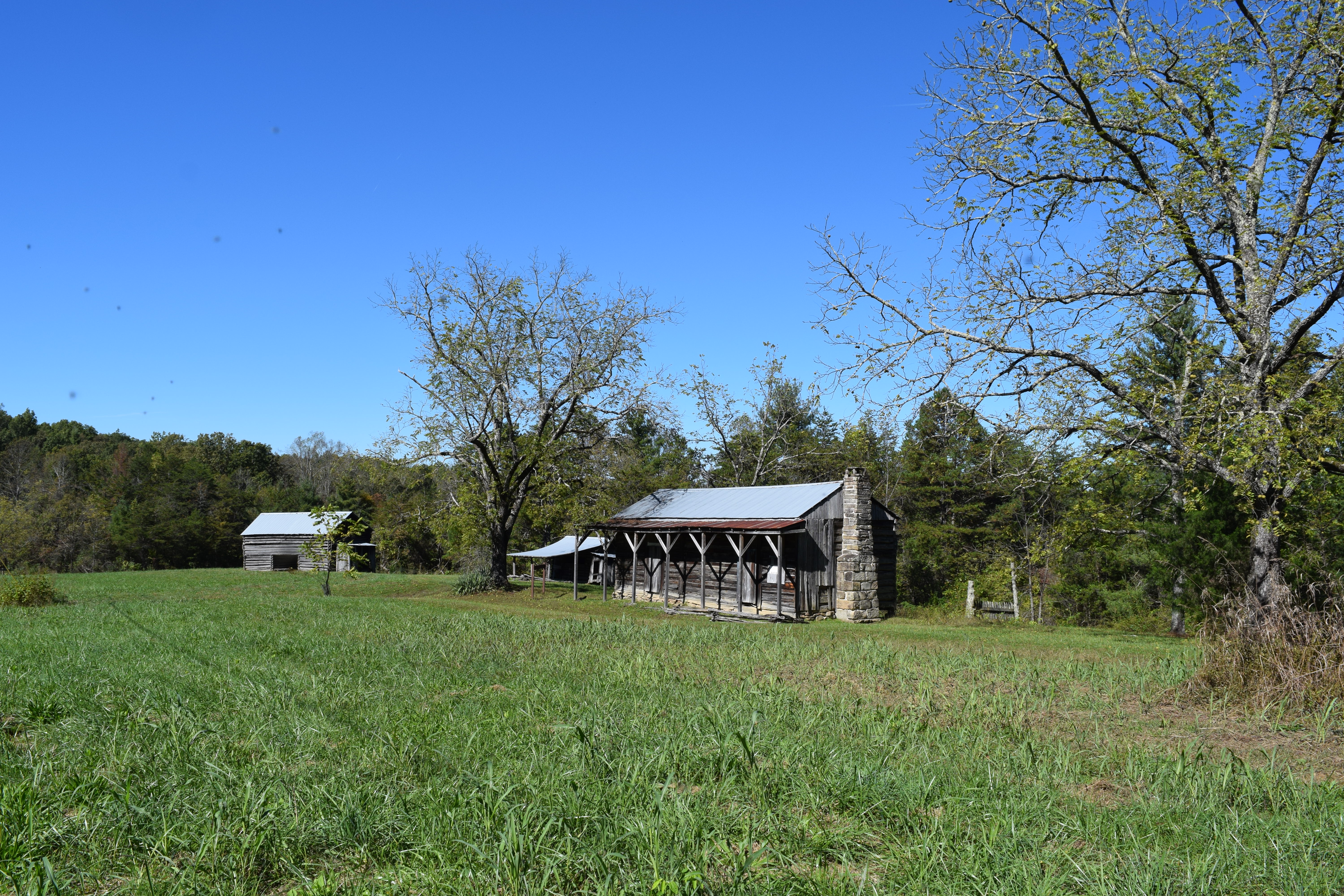 Wood and stone farm buildings stand at the edge of a grassy field beside trees