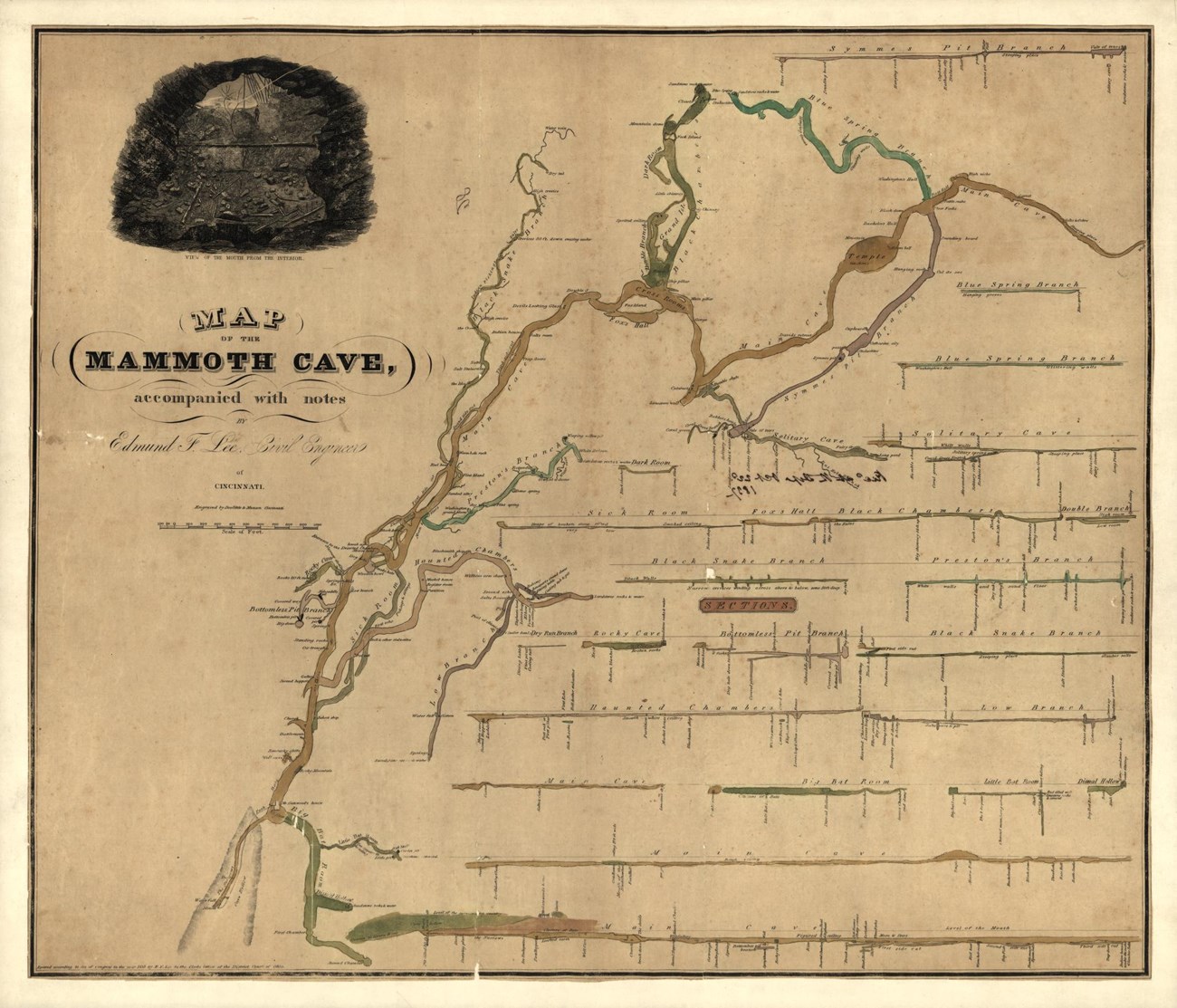 Hand drawn map of Mammoth Cave system in 1835, with reliefs shown in profile