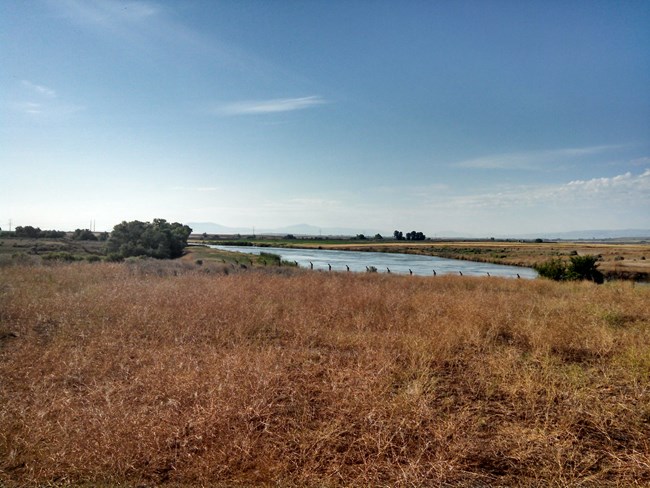 Dry, brown grass covers a level area of ground, with a wide river and open sky in the background.