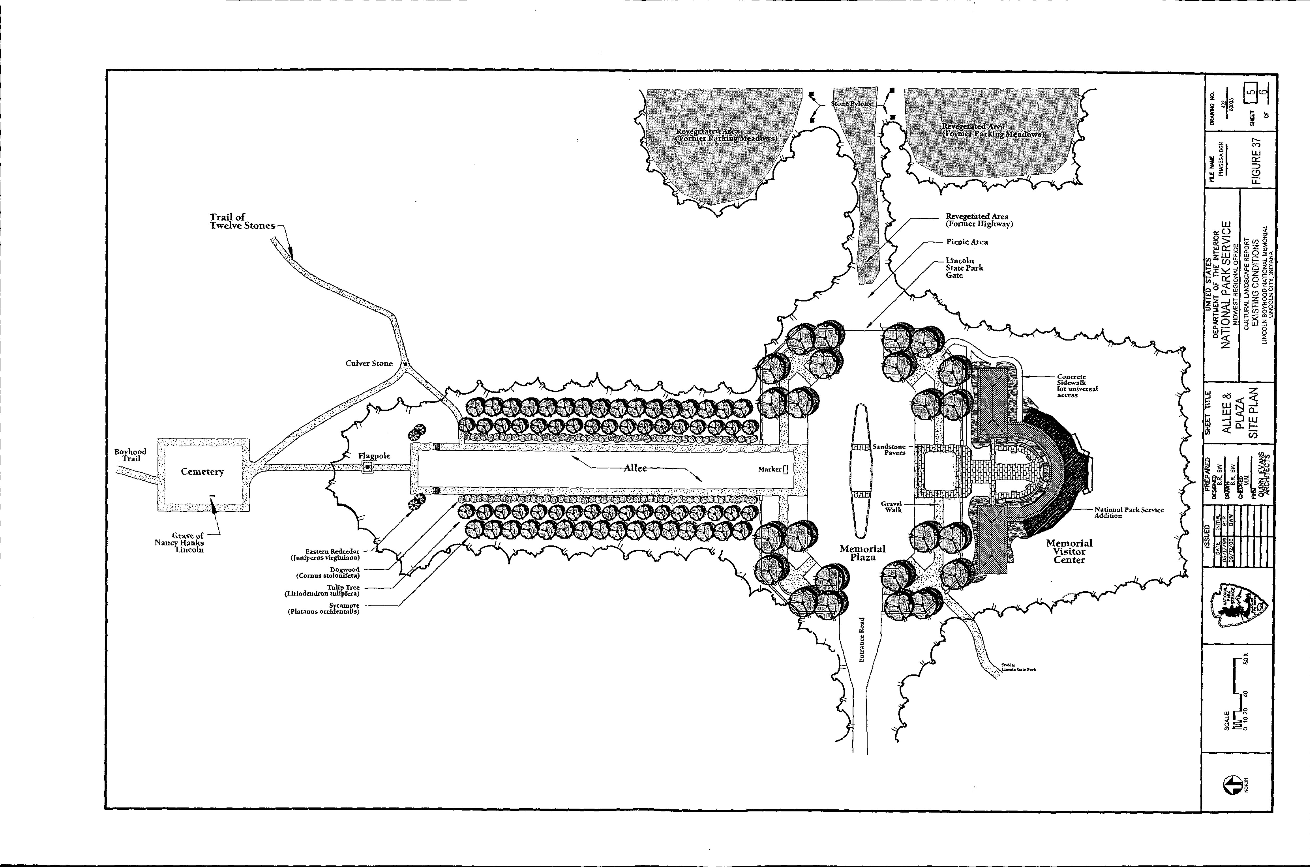 A site plan of the designed memorial landscape shows the allee, circulation, memorial visitor center to the right, and cemetery to the left