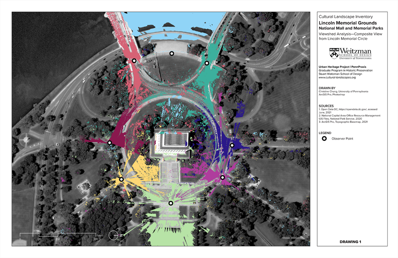Graphic composite of viewsheds in various colors from observer points around the Lincoln Memorial Circle
