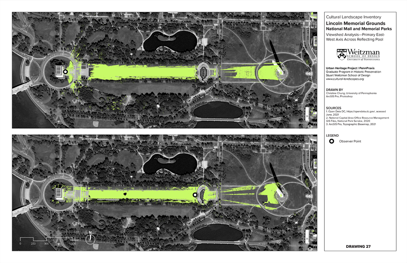 A graphic shows the viewshed in the east-west axis of the reflecting pool between the Lincoln Memorial and Washington Monument, with vegetation and circulation features