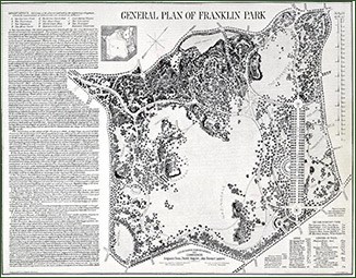 Drawing of the General Plan of Franklin Park, with map and text
