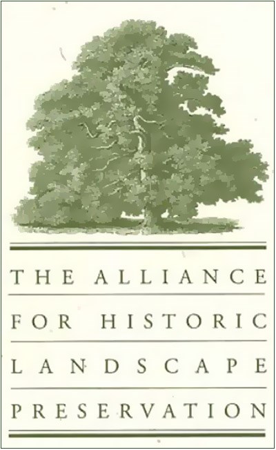 Logo for the Alliance for Historic Landscape Preservation, with text and mature tree