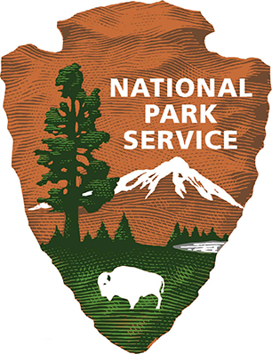 National Park Service arrowhead, with bison, mountain, and redwood.