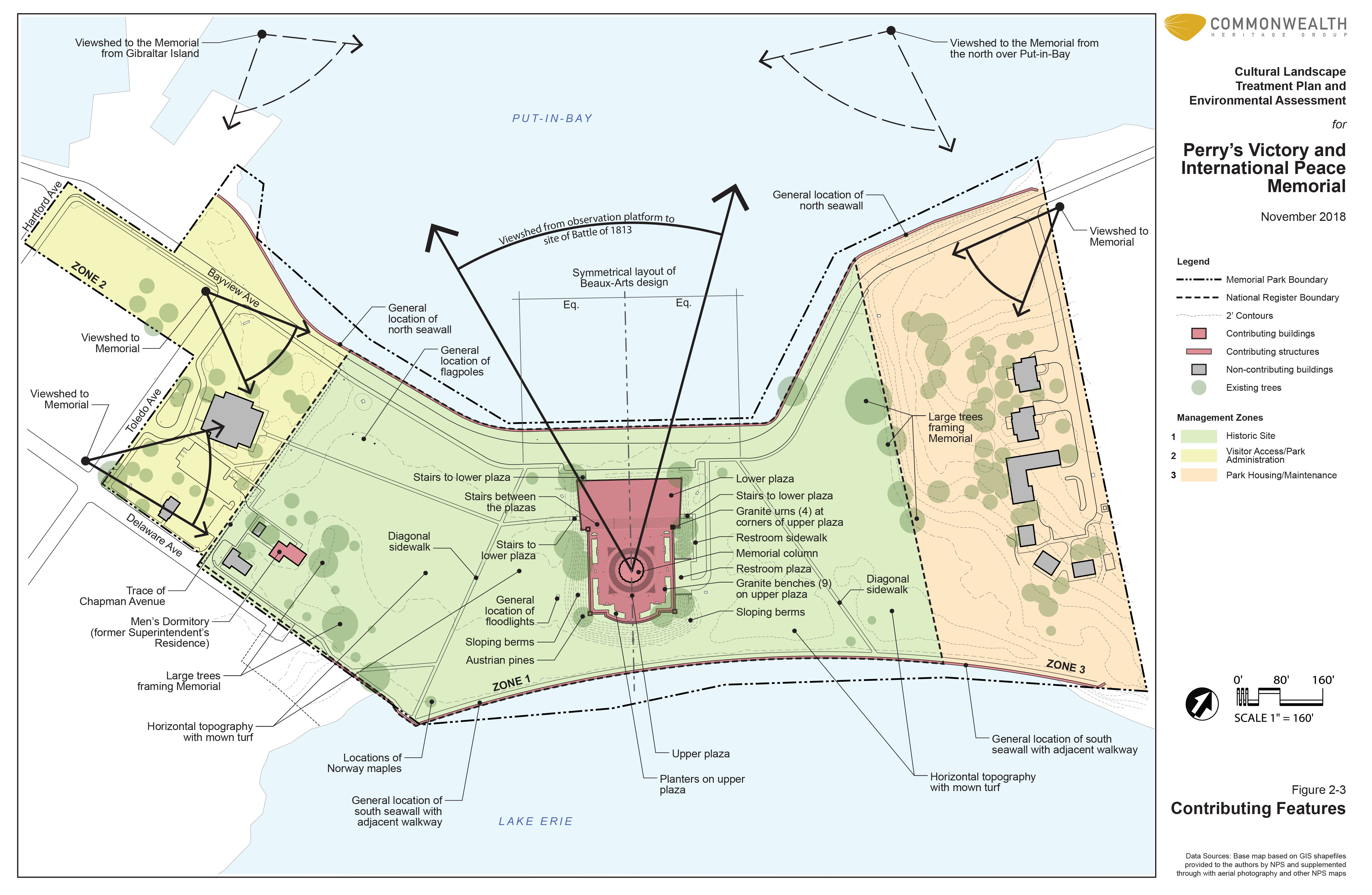 Site plan shows management zones and contributing features of Perry's Victory: A central monument, views, circulation, turf and other vegetation