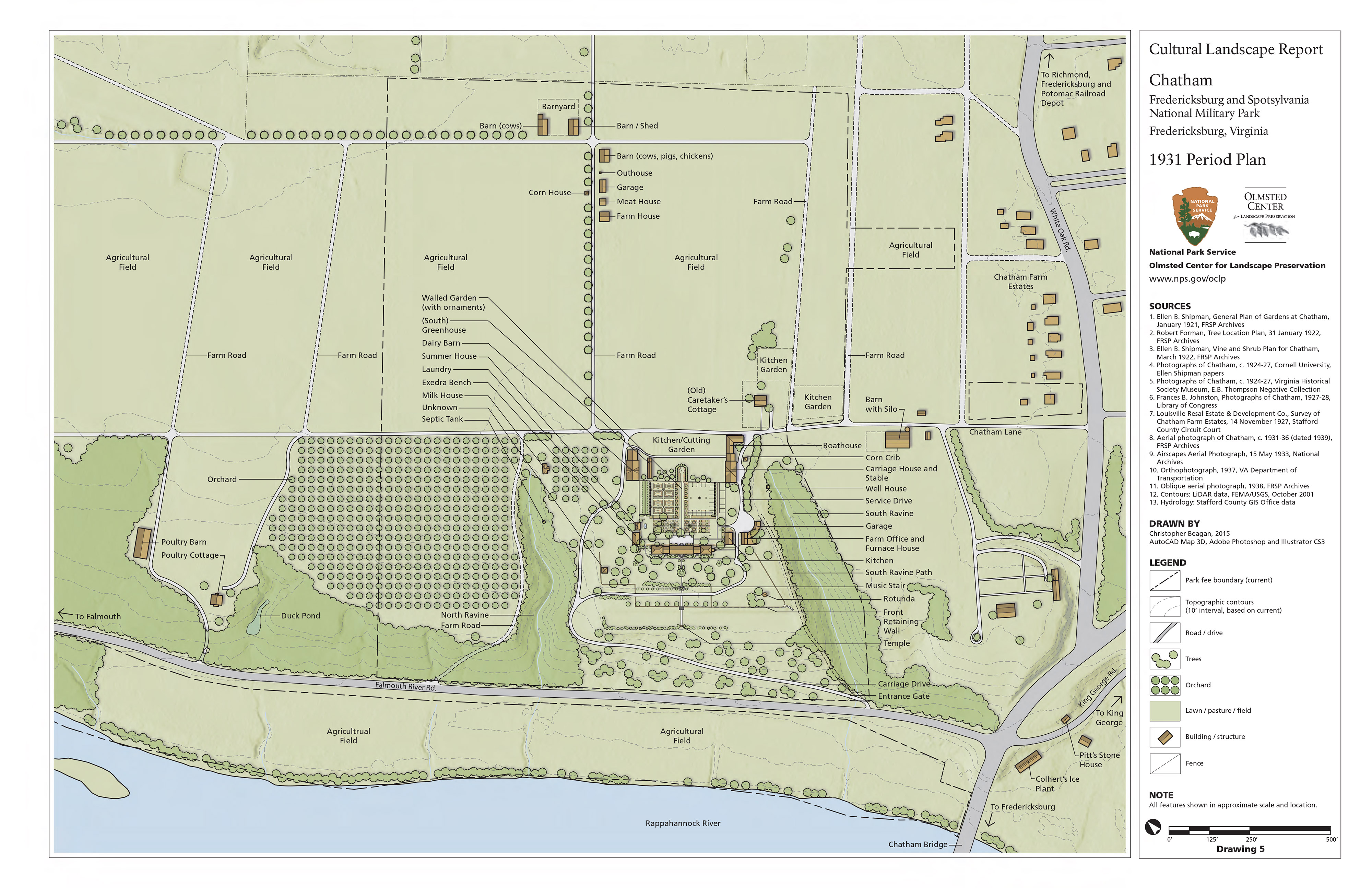 A labeled site plan shows features of the agricultural landscape around Chatham Manor in 1931.
