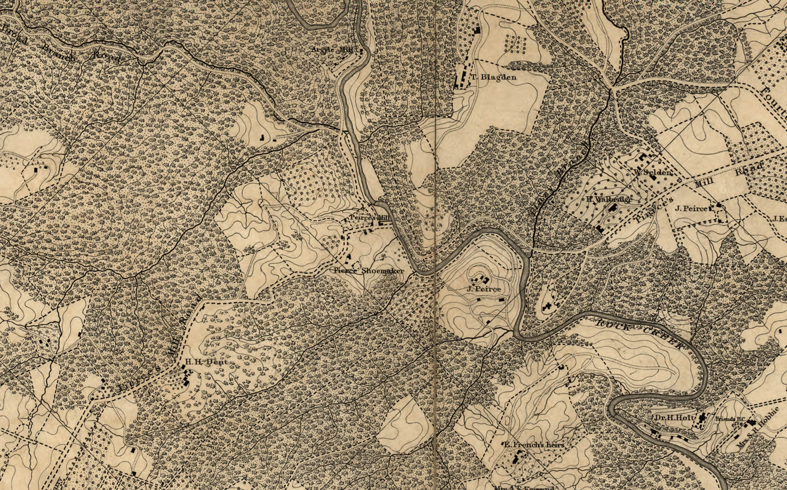 A drawn map shows roads, structures, names of property owners, vegetation, and topography in northwest DC.