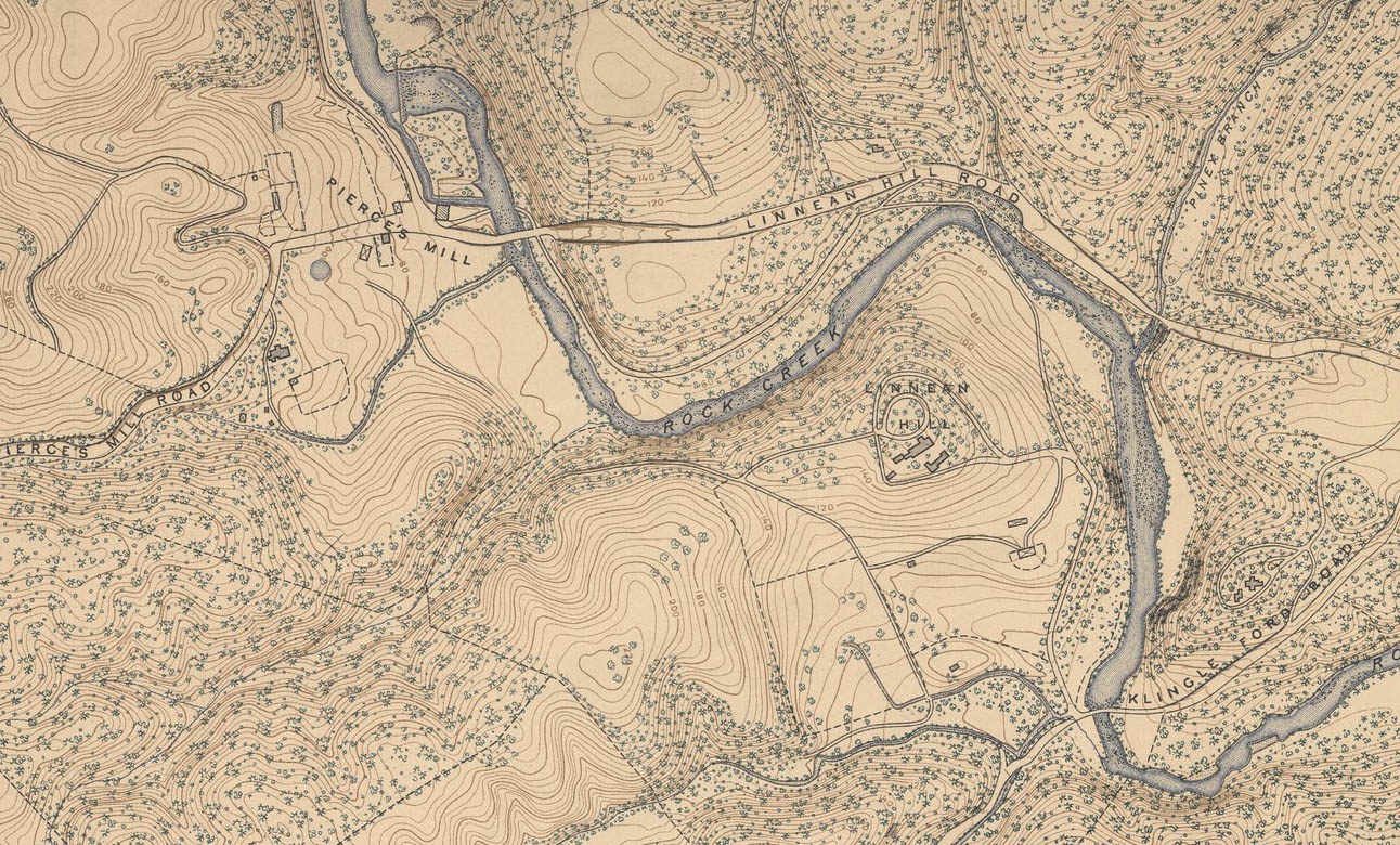 A drawn map shows roads, structures, topography, vegetation on each side of Rock Creek. Linnaean Hill is near the center.