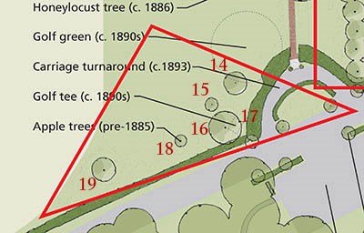 Detail of a 2013 site plan shows apple trees to the left of the entry driveway, outlined by a red triangle