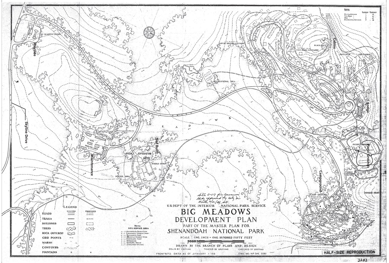 Map from the 1940s showing the planned development at Big Meadows.