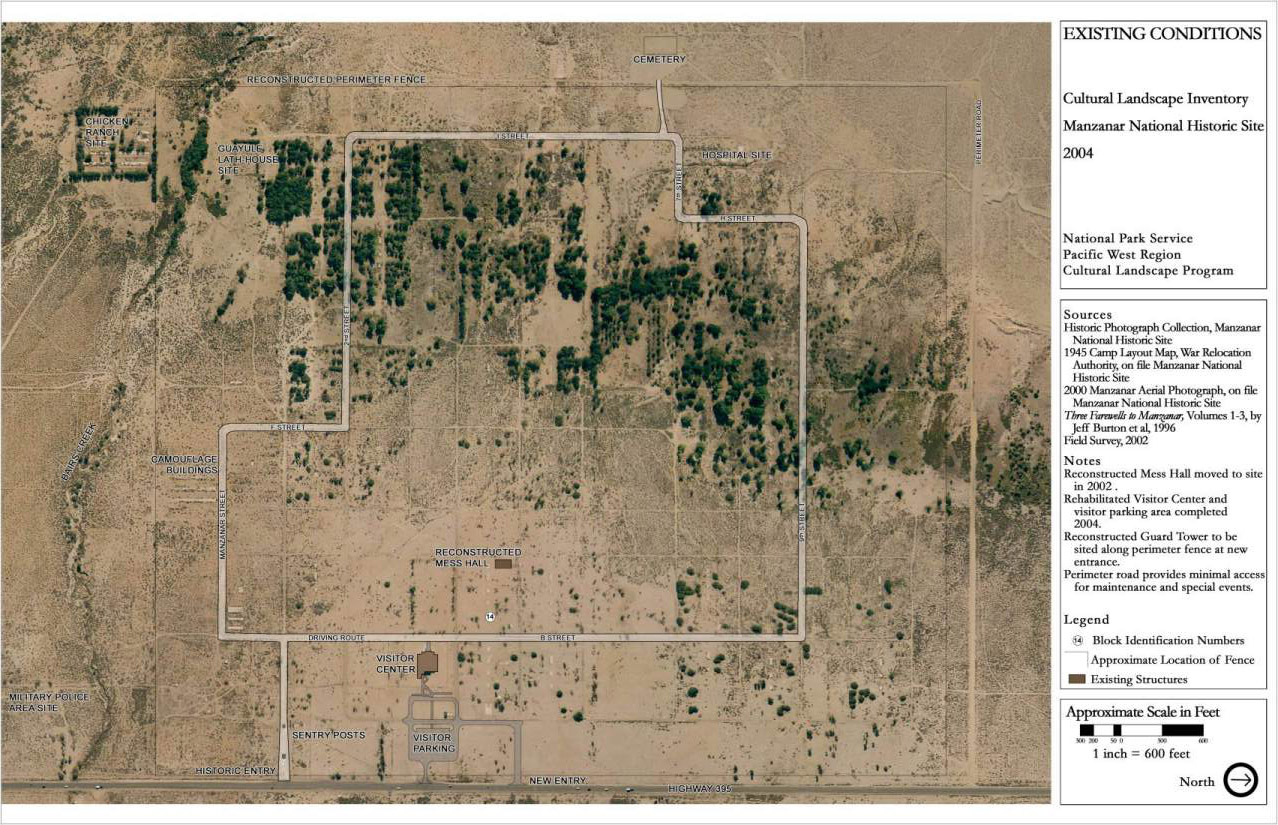 Labeled site plan shows features of the cultural landscape in 2004.