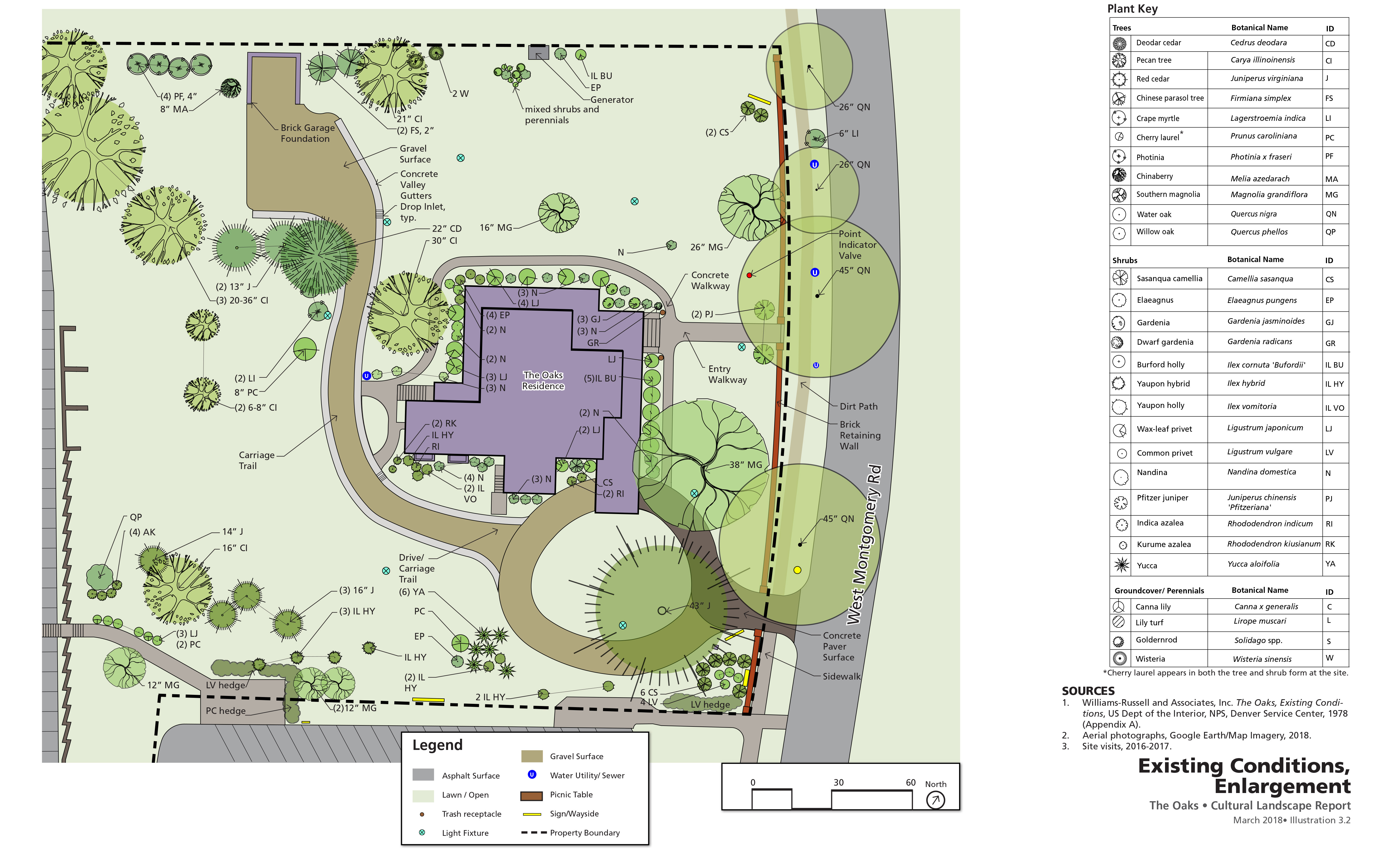 Plan with legend shows the locations and assortment of vegetation on the landscape.