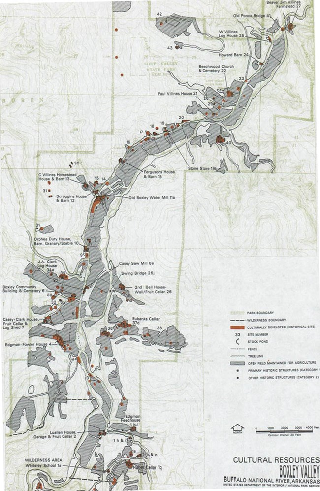 Site plan showing the distribution of cultural resources in Boxley Valley, along the river corridor