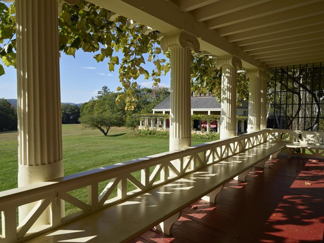 Vines frame a view through columns of a porch, towards a grassy lawn, an apple tree, and a studio surrounded by a pergola.