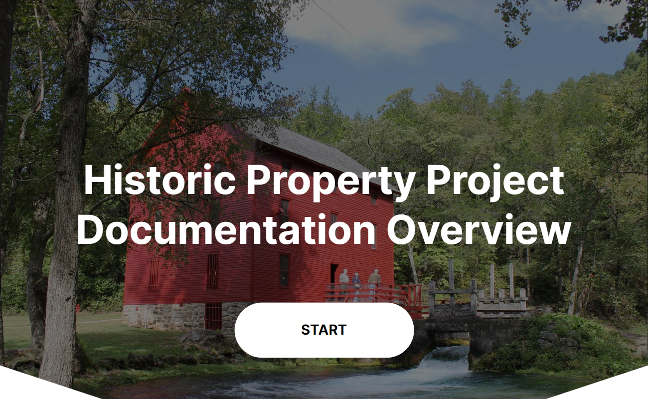 A two-story red mill structure beside a creek with the text "Historic Property Project Documentation Overview"