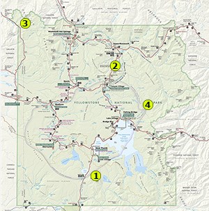 map of Yellowstone National Park, showing where comparison photos are from in the park