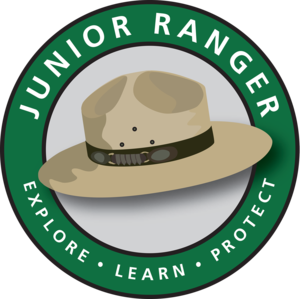 junior ranger logo: park ranger hat, explore, learn, protect