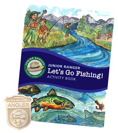 Cover of junior ranger fishing booklet with junior ranger badge.
