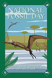 national fossil day poster with pterosaur flying