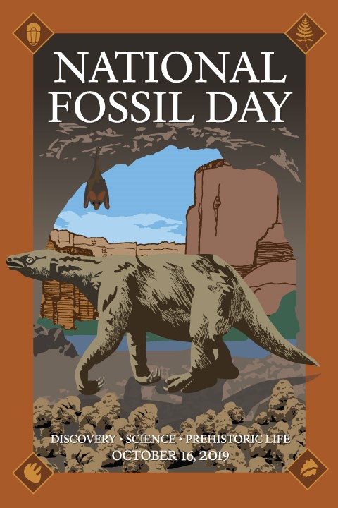 National Fossil Day poster with brown border and scene of prehistoric plants and animals