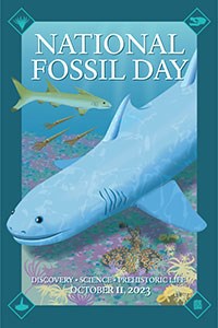 poster with blue border and an artist's rendering of a prehistoric shark. Title text "national fossil day".