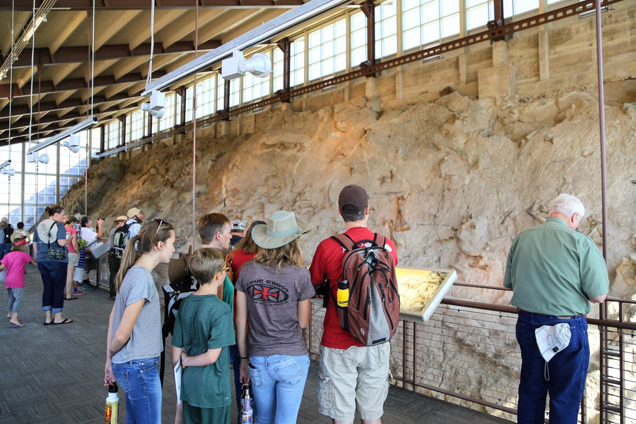 Photo of people visiting a fossil quarry exhibit hall.